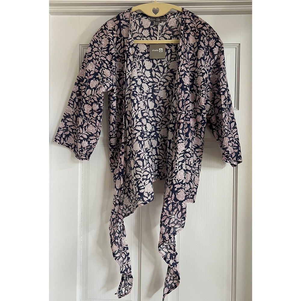 NEW Shade Amour Navy Cotton Floral Wrap Top Kimono Festival Beach Boho One Size